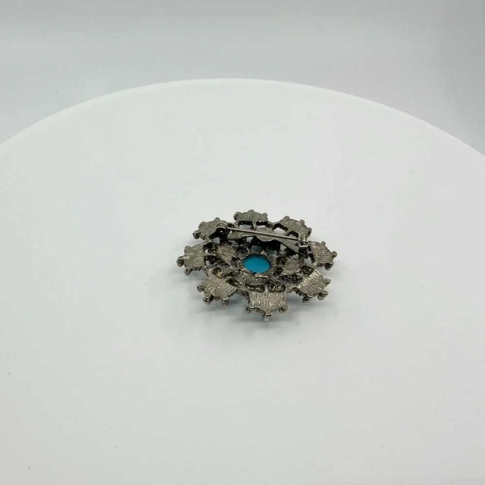Vintage Silver Tone Simulated Turquoise Flower Brooch Pin Boho Retro Ornate‎ 90s